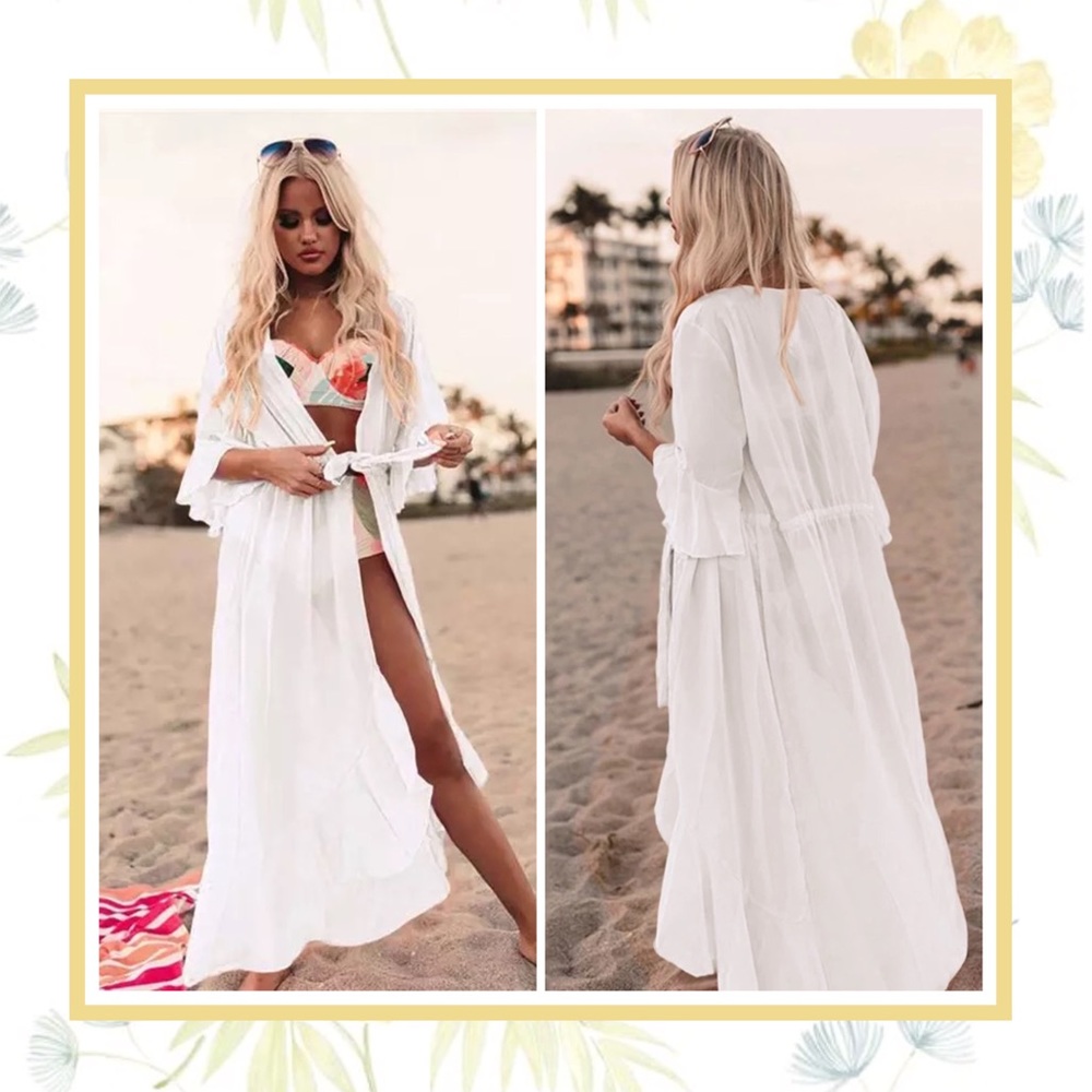 🌸 BOHO ROBE BEACH POOL COVER MAXI LONG RUFFLE DUSTER SLEEVE LAYER TOP SHEER